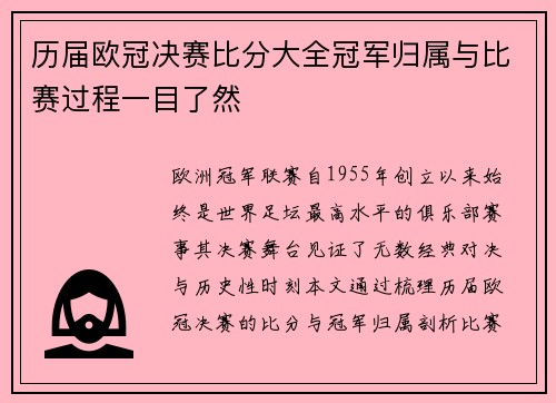 历届欧冠决赛比分大全冠军归属与比赛过程一目了然