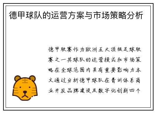 德甲球队的运营方案与市场策略分析