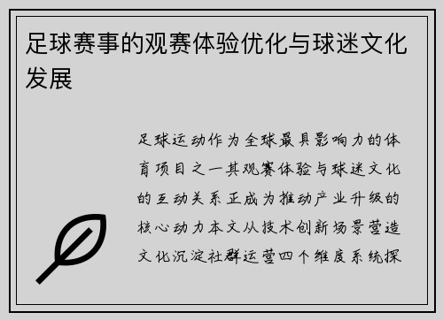足球赛事的观赛体验优化与球迷文化发展