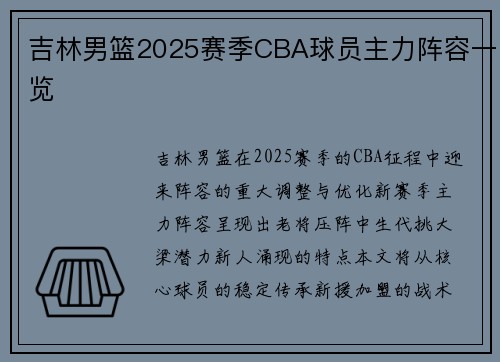 吉林男篮2025赛季CBA球员主力阵容一览