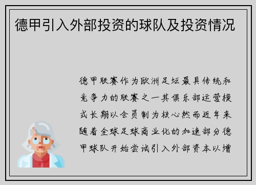 德甲引入外部投资的球队及投资情况
