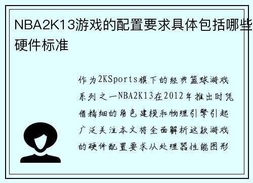 NBA2K13游戏的配置要求具体包括哪些硬件标准